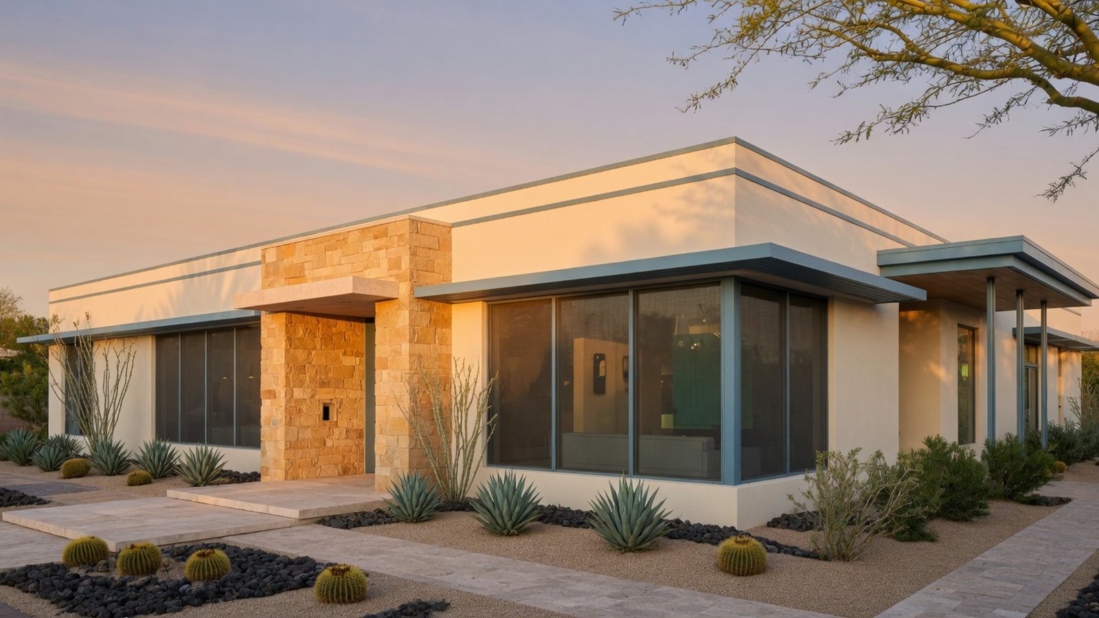 Illustration of a desert-style home with exterior window screens.